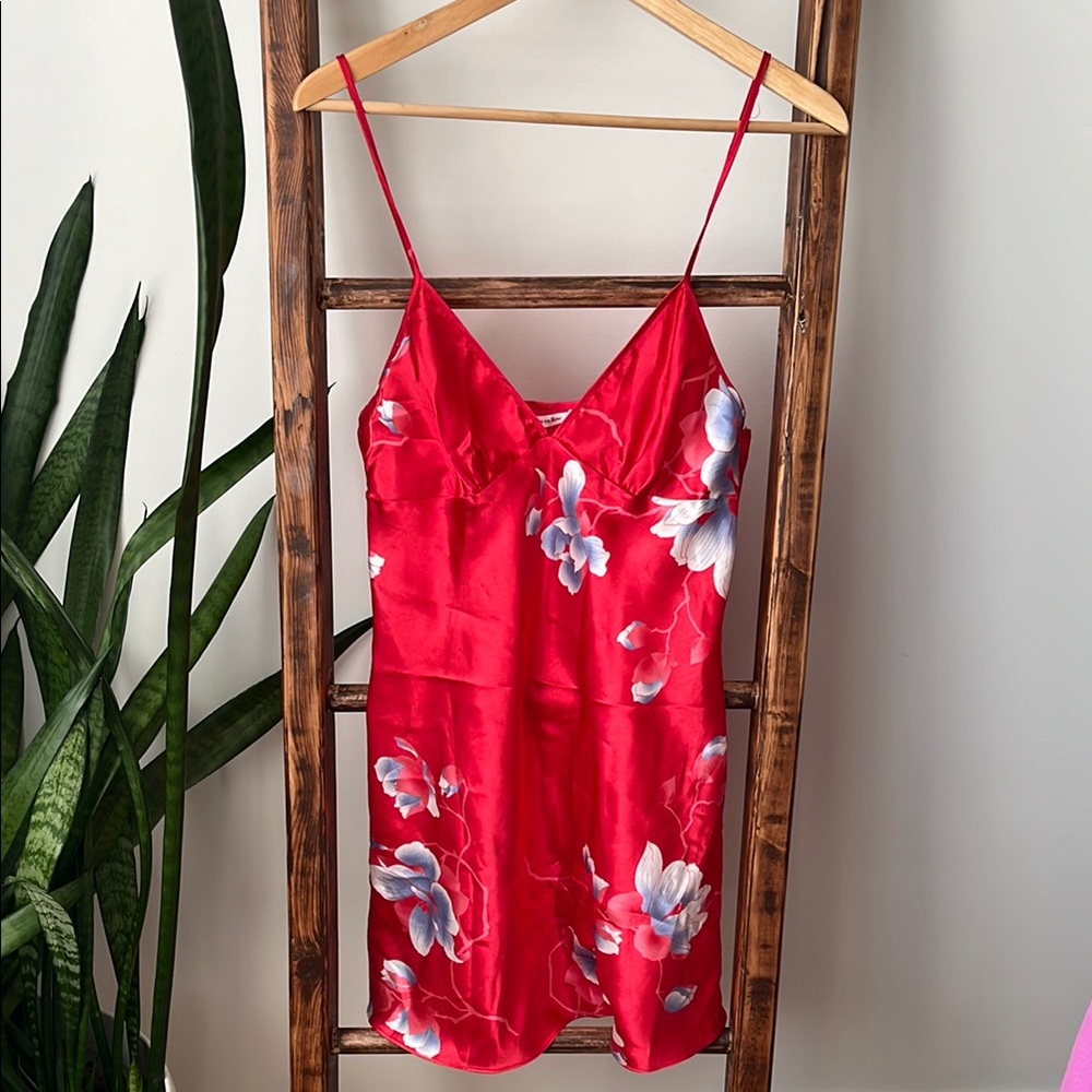 Floral Red Satin Slip Dress